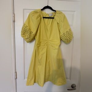 Tanya Taylor Yellow Mini Dress Puff Sleeve